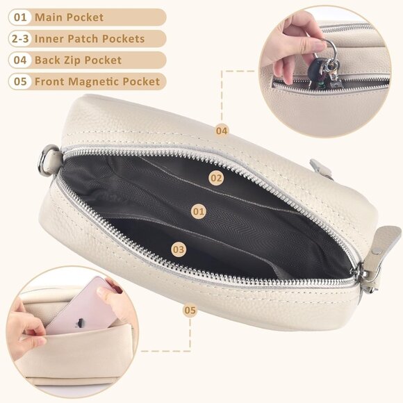 Beige Leather Crossbody Bag for Women with Adjustable Strap, Gift Box, 10.24x3.1 - Picture 5 of 7